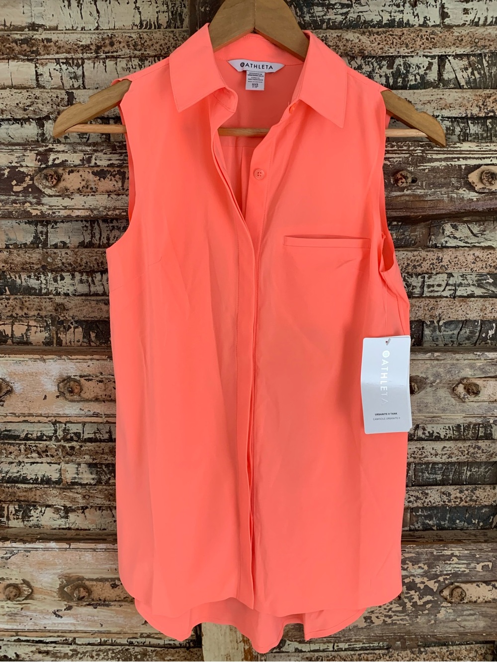 Athleta Urbanite II Tank Neon Coral Sleeveless Button-Up Top Blouse, NWT, XXS